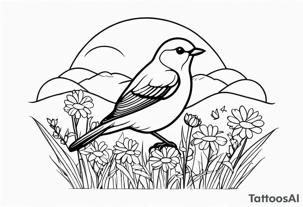 Little bird outline perched in a field of daisy tattoo idea