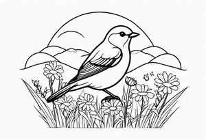 Little bird outline perched in a field of daisy tattoo idea
