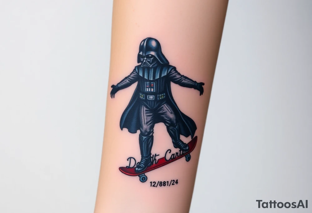 Darth Vader skateboarding >
blue & red
skateboard words "Darth Carter"
add date 12/29/88-01/06/24 tattoo idea