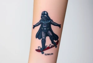 Darth Vader skateboarding >
blue & red
skateboard words "Darth Carter"
add date 12/29/88-01/06/24 tattoo idea