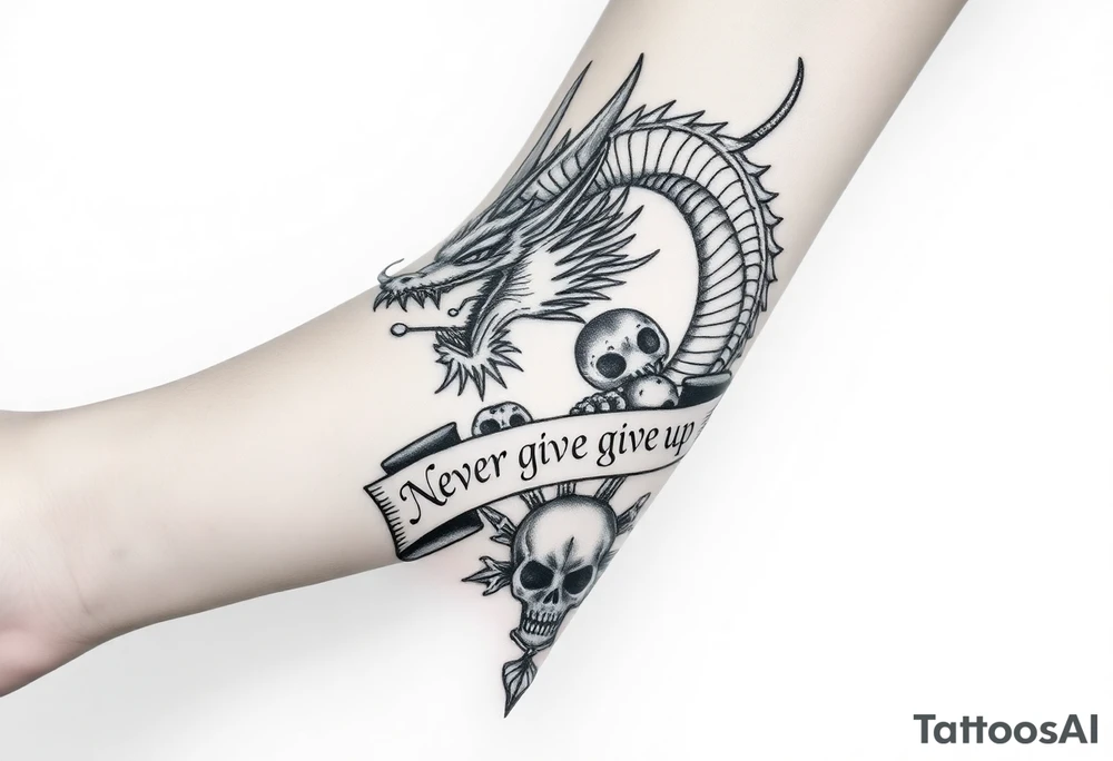 i want a big dragon on the forearm that wraps around the forearm with its tail. No wings. I want to be chinese and looking angry. I want a skull or some skulls involved in the tattoo. I want a banner that has «Never give up» written on it in chinese letters. I want the numbers 99/04 somewhere on it aswell. tattoo idea