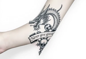 i want a big dragon on the forearm that wraps around the forearm with its tail. No wings. I want to be chinese and looking angry. I want a skull or some skulls involved in the tattoo. I want a banner that has «Never give up» written on it in chinese letters. I want the numbers 99/04 somewhere on it aswell. tattoo idea