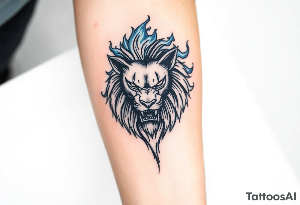 Powerful, fierce stoic lions head, whose mane turns into blue flames that swirl up my arm with blue embers tattoo idea