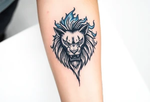 Powerful, fierce stoic lions head, whose mane turns into blue flames that swirl up my arm with blue embers tattoo idea