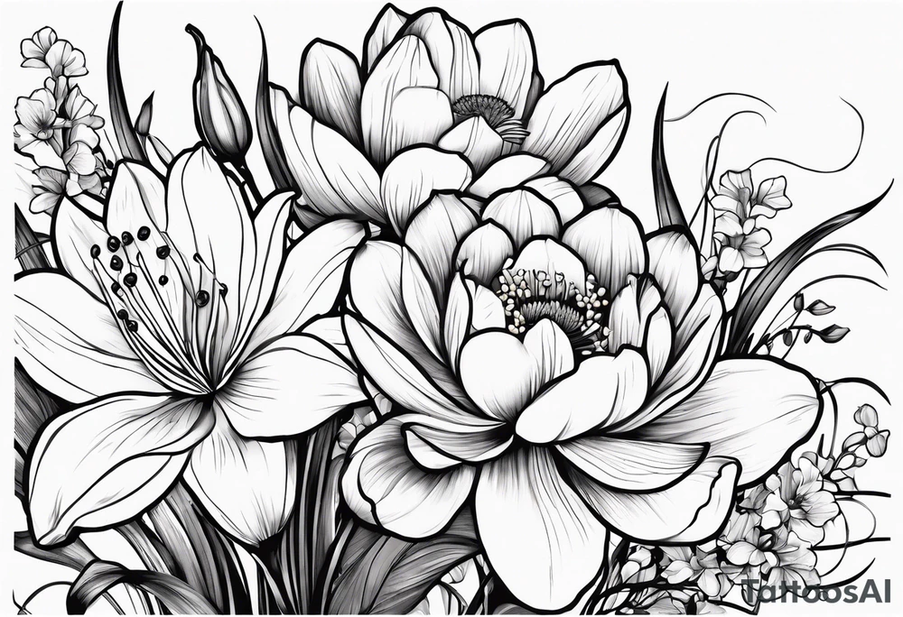 A bouquet of flowers with a water lily, gladiolus, poppy, lily of the valley, daffodil, and a honey suckle with long stems tattoo idea