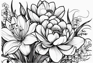 A bouquet of flowers with a water lily, gladiolus, poppy, lily of the valley, daffodil, and a honey suckle with long stems tattoo idea