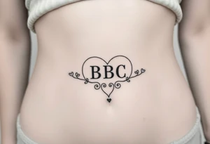 text reading "BBC" across a womb tattoo surrounded by hearts tattoo idea