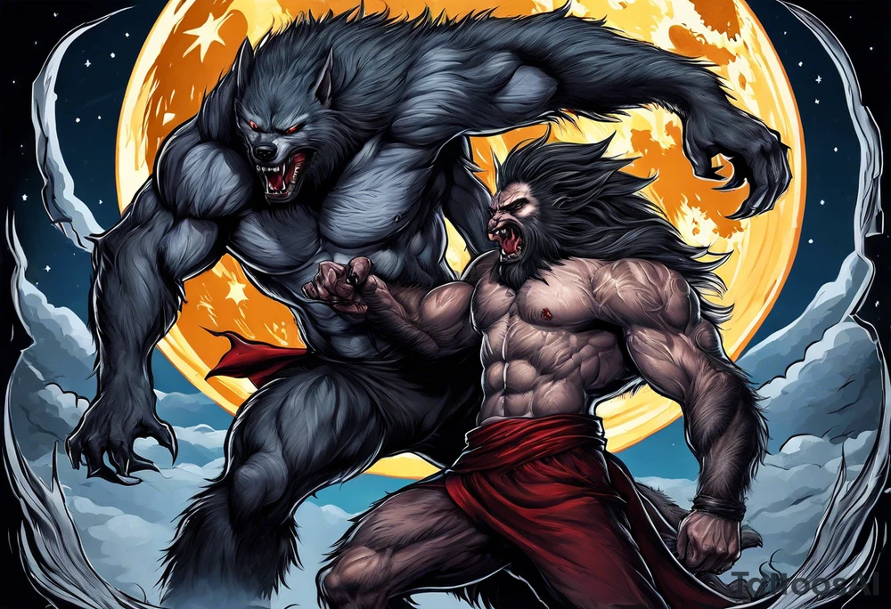 Muscular werewolf fighting a vampire under the moon tattoo idea
