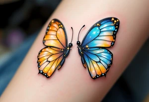 A set of delicate twin butterflies, one glowing with golden hues and the other shimmering in icy blue, symbolizing transformation and duality. tattoo idea