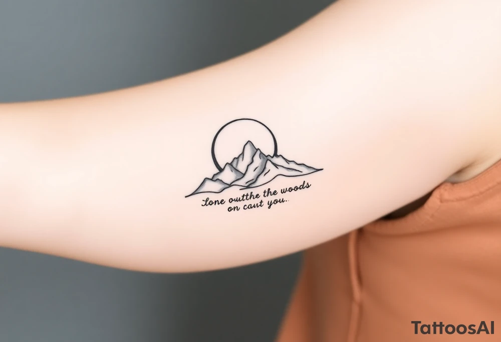 The crescent moon and mountains remain the core of the tattoo, keeping the vertical, elegant structure.
lyrics from Exile or Out of the Woods would be subtly written in fine-line script, following the natural flow of the design.
The text could curve slightly along the mountain range or appear as if dissolving into mist, reinforcing the themes of distance and fading memories. tattoo idea