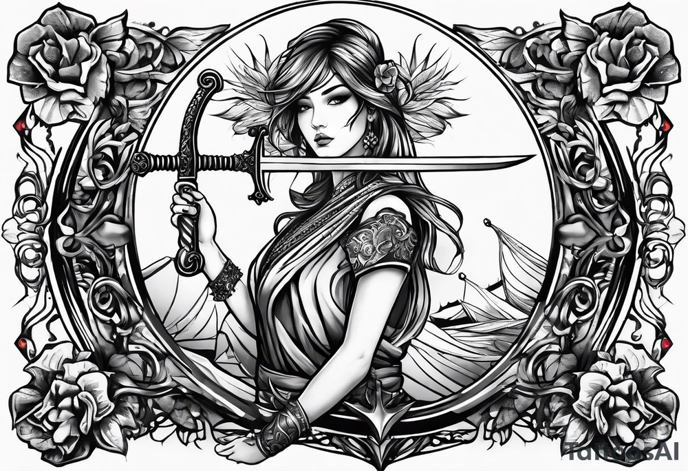 with lady juctice emblem a sword and a scale tattoo idea
