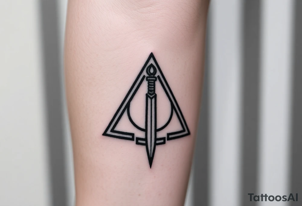 deathly hallows symbol from harry potter with a sword in the middle tattoo idea