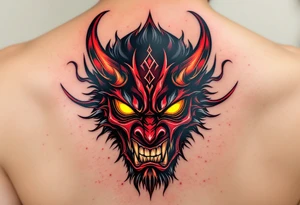 A fierce Hannya mask in deep red and black, with glowing yellow eyes and sharp horns. tattoo idea
