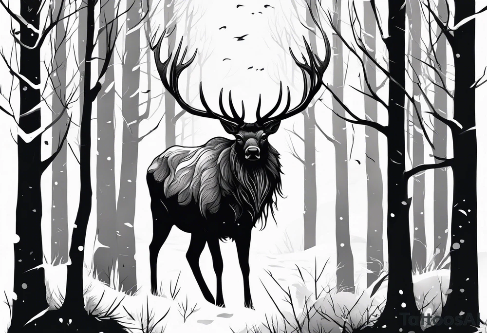 Leshy creepy tall as a tree birches elk tattoo idea