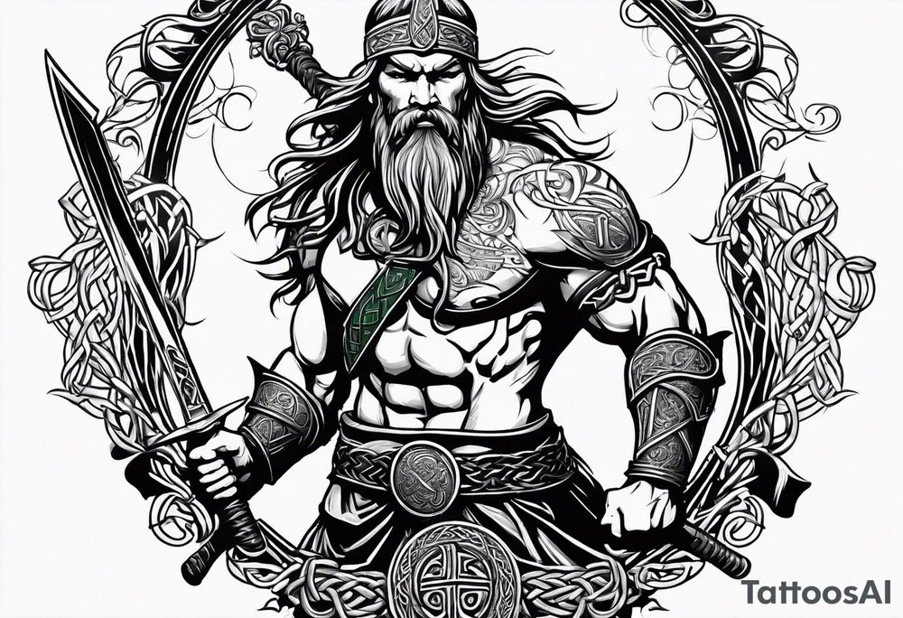 Side full body shot of Celtic warrior with sword in left hand and axe in right hand. tattoo idea