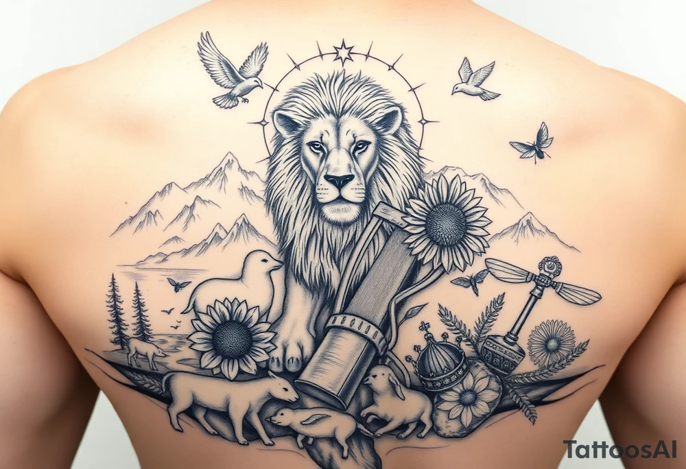 In beautiful heavenly mountain scene with streams and lakes a majestic lion interacts and protects a dove, a lamb,  a sunflower, a harp, a golden nugget, an ancient hammer, a crown, and honeybees tattoo idea