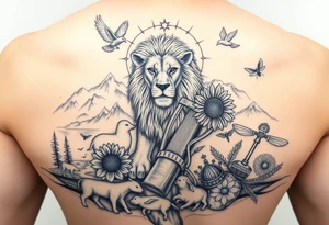 In beautiful heavenly mountain scene with streams and lakes a majestic lion interacts and protects a dove, a lamb,  a sunflower, a harp, a golden nugget, an ancient hammer, a crown, and honeybees tattoo idea