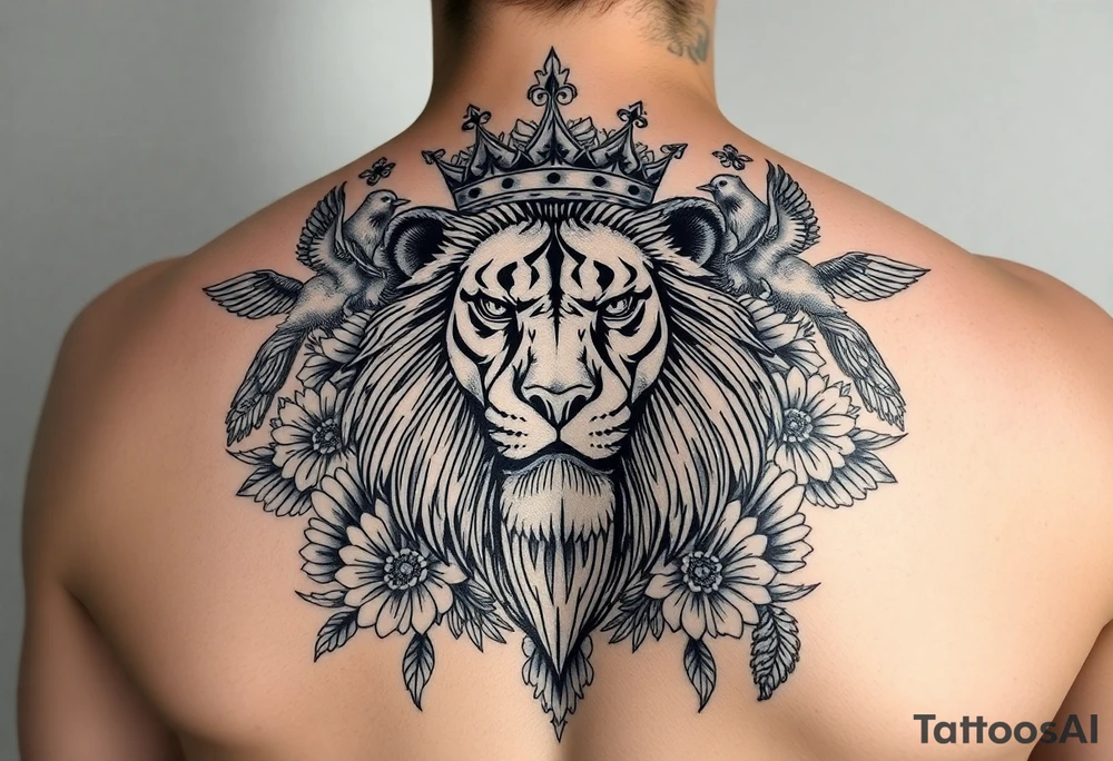 powerful majestic lion with a crown, surrounded by floral ornaments and birds tattoo idea