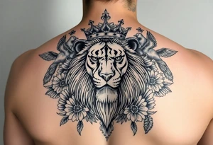 powerful majestic lion with a crown, surrounded by floral ornaments and birds tattoo idea