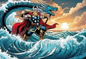 Thor fighting the world serpent in the ocean in a typhoon tattoo idea