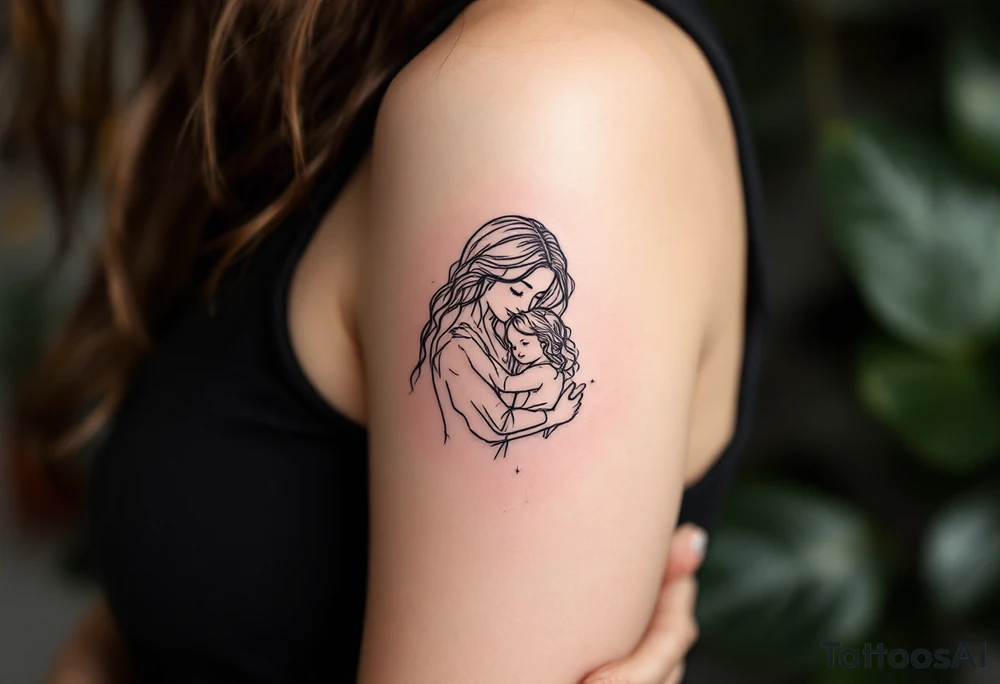 A fine-line tattoo of a mother and daughter embracing, filled with soft lavender and blush tones. tattoo idea