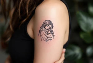 A fine-line tattoo of a mother and daughter embracing, filled with soft lavender and blush tones. tattoo idea