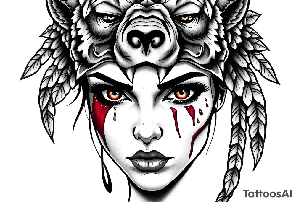 Beautiful Womans with colored eyes, shedding a tear, with battle scars and blood on face, wearing a mean looking bear headdress on head tattoo idea