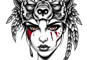 Beautiful Womans with colored eyes, shedding a tear, with battle scars and blood on face, wearing a mean looking bear headdress on head tattoo idea