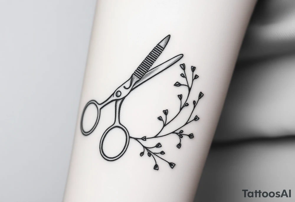 large scissor. with a comb, blow-dryer. then groups of hair bobby pins randomly placed. with vines weaving throughout tattoo idea