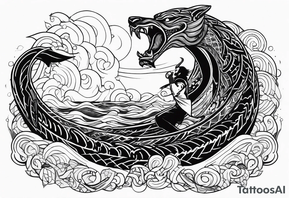 Thor getting eaten by the world serpent in the ocean tattoo idea