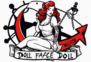 red head pin up girl sitting on an anchor with a banner winding around her that says doll face tattoo idea