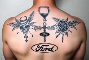 Hour glass, skull, dragonfly, cross, black rose, and Ford emblem tattoo idea
