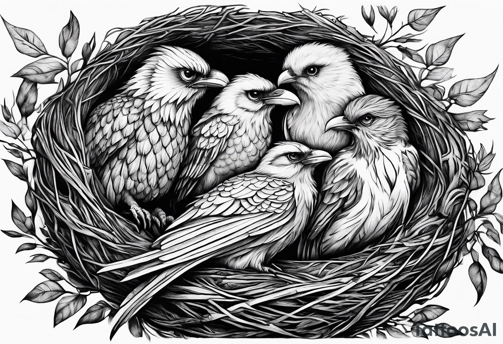 Pheonix, owl and raven cuddled in a nest tattoo idea