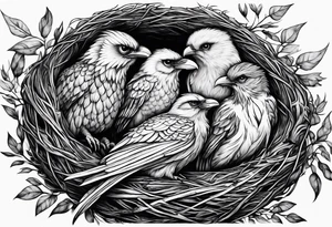 Pheonix, owl and raven cuddled in a nest tattoo idea