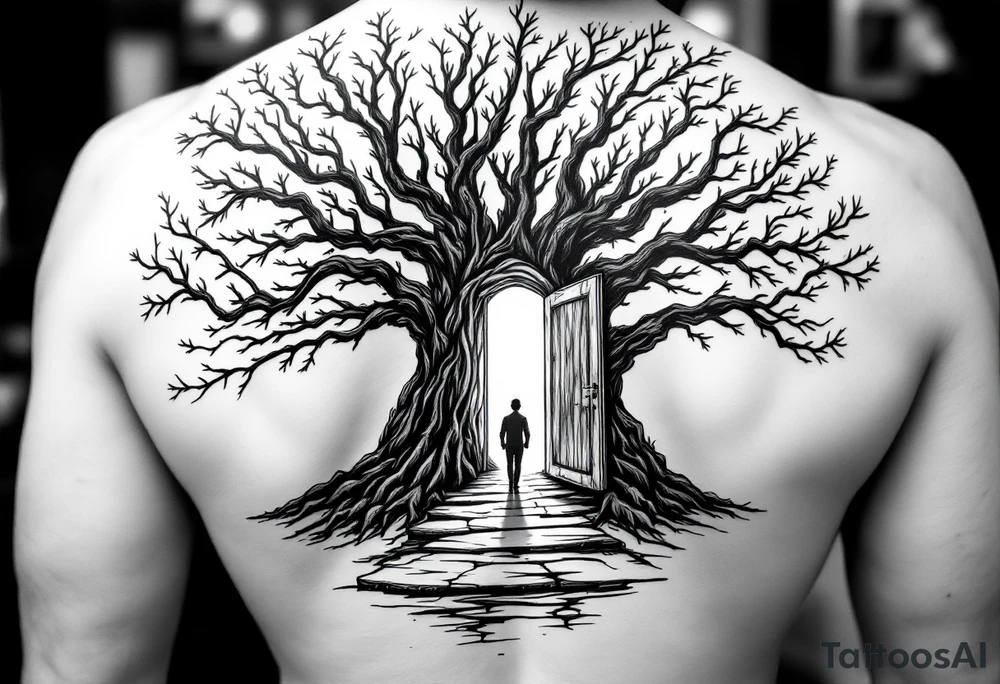 Back tattoo of a big tree with a door and a man walking through the door tattoo idea