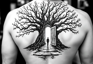 Back tattoo of a big tree with a door and a man walking through the door tattoo idea