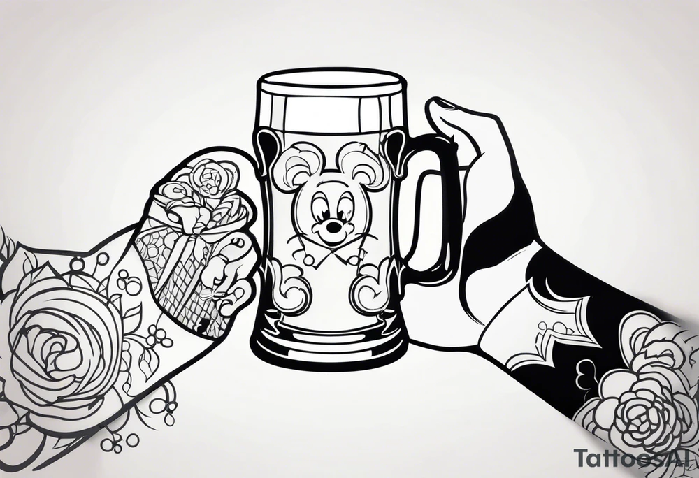 A Mikey mouse hand holding a beer tattoo idea