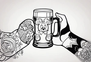 A Mikey mouse hand holding a beer tattoo idea