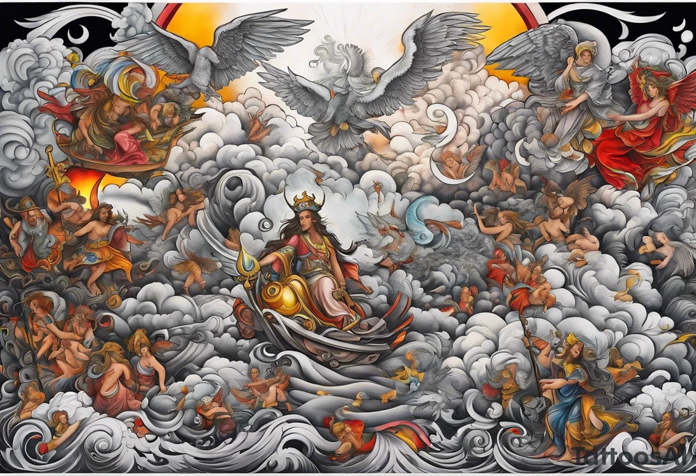 heaven and hell with angels and demons arm sleeve tattoo idea