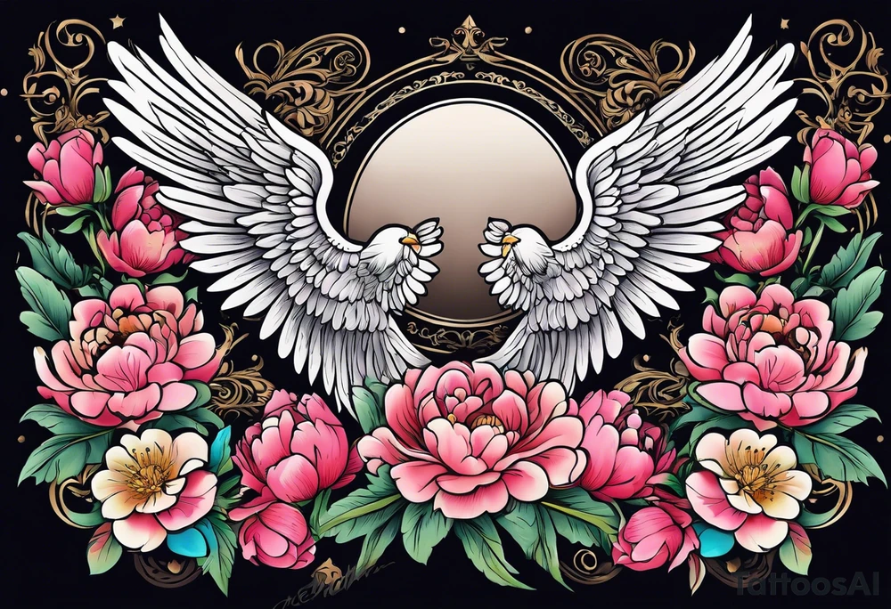 beautiful angel wings with colorful, peonies. beautiful flilligree in the background , full color, traditional old school , white background tattoo idea