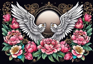 beautiful angel wings with colorful, peonies. beautiful flilligree in the background , full color, traditional old school , white background tattoo idea