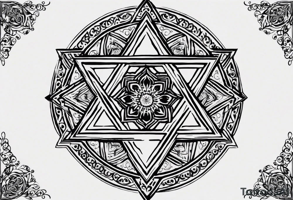 I would like two symmetrical tattoos on each side of my chest (left and right). The primary design element should be a six-pointed Star of David , with the Armenian Wheel of Eternity placed in the center of each star.

	•	The six-pointed stars should be geometric, bold, and well-defined. They should have a clean and sharp look.
	•	The Wheel of Eternity should be intricate and detailed, representing the traditional Armenian symbolism of eternal cycles and continuity. It should blend harmoniously within the center of the star.
	•	The overall design should convey balance, spirituality, and strength.
	•	The size should be proportional to the chest area, not too large but prominent enough to be noticeable on both sides.
	•	I’d prefer a minimalist approach, but the design should still be detailed enough to reflect the cultural and spiritual significance. tattoo idea