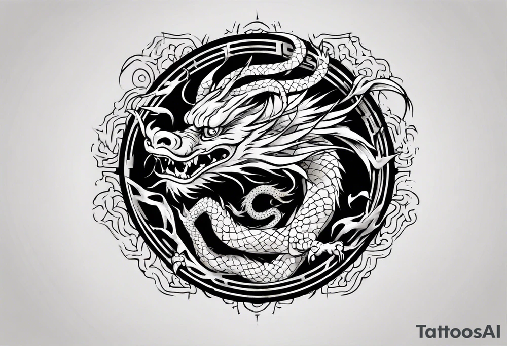 Chinese dragon in a circular shape with "02.03" written on its skin tattoo idea
