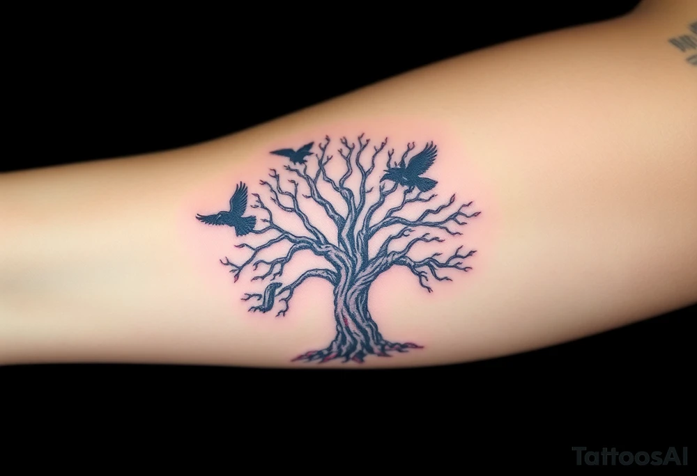 The Tree of Life, color infused, ravens flying around it, tattoo idea
