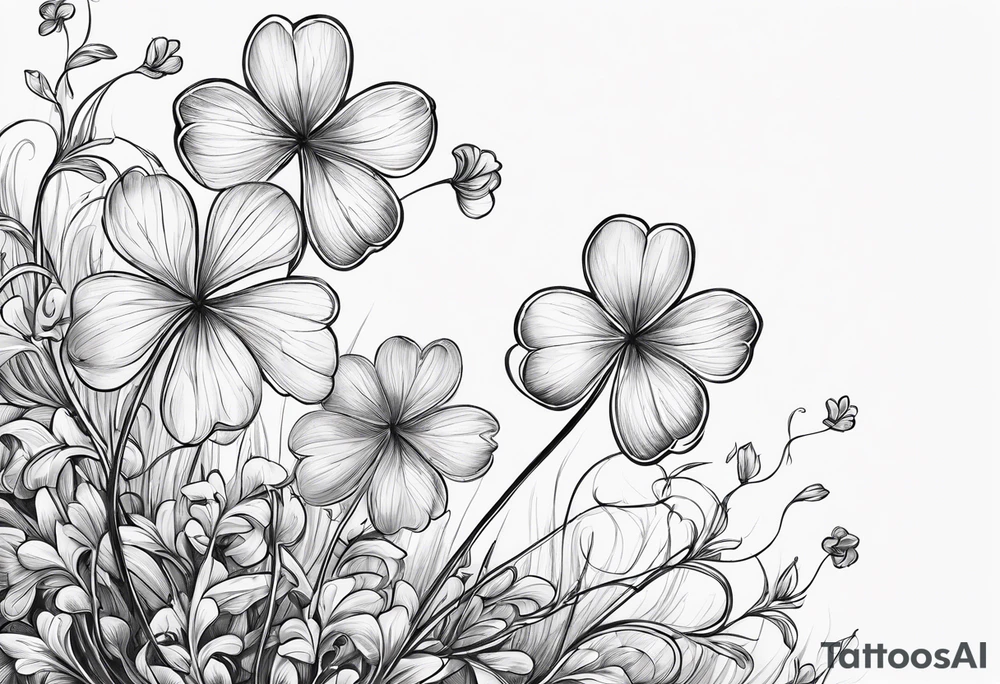 Two impressionist lightly drawn clovers with the name Liam on one stem and Sully on the other stem tattoo idea