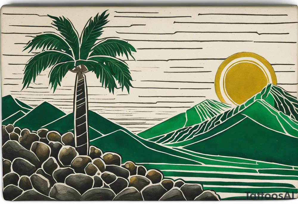 Tattoo: A striking Gachala emerald sits at the base of a tall quindio wax palm, which grows resiliently from cracks in rugged, rocky soil. The emerald is the main focal point, symbolizing strength and endurance, while the wax palm, rooted in the soil’s crevices, represents growth and resilience. A small water stream flows gently from the rocks, adding an element of life and nourishment tattoo idea
