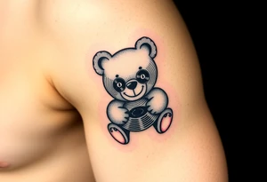 minimalist teddy bear with vinyl records as eyes smiling and sitting on a record tattoo idea