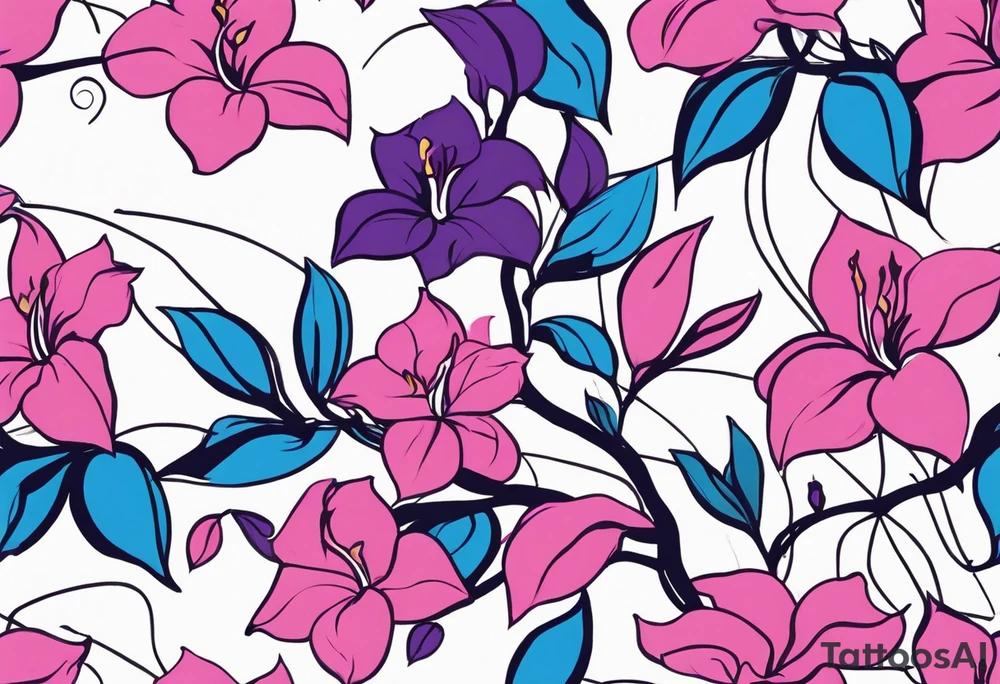 brushstroke abstract pink, purple, and blue mandevilla flowers on a vine, with color leaking out into the background. SOme of the flowers should be full color, and some just linework. It should have a handdrawn, sketch feel. tattoo idea