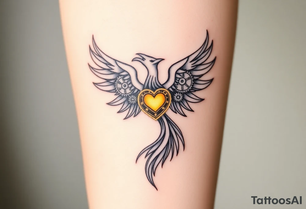 A stylized phoenix rising with feathers composed of intricate clock gears and mechanical parts. The chest reveals a glowing clockwork heart symbolizing emotional depth, love, and resilience amidst anxiety. The design combines fine line and dotwork detailing on the mechanical elements with bold, clean lines for the phoenix silhouette. Minimal shading emphasizes contrast and highlights the glowing heart. tattoo idea