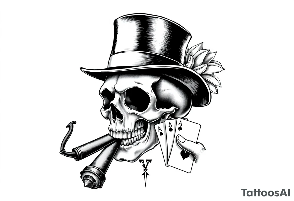 a skull with mustache, a big cigar in his mouth,top-hat on his head and playing cards in a hand. tattoo idea